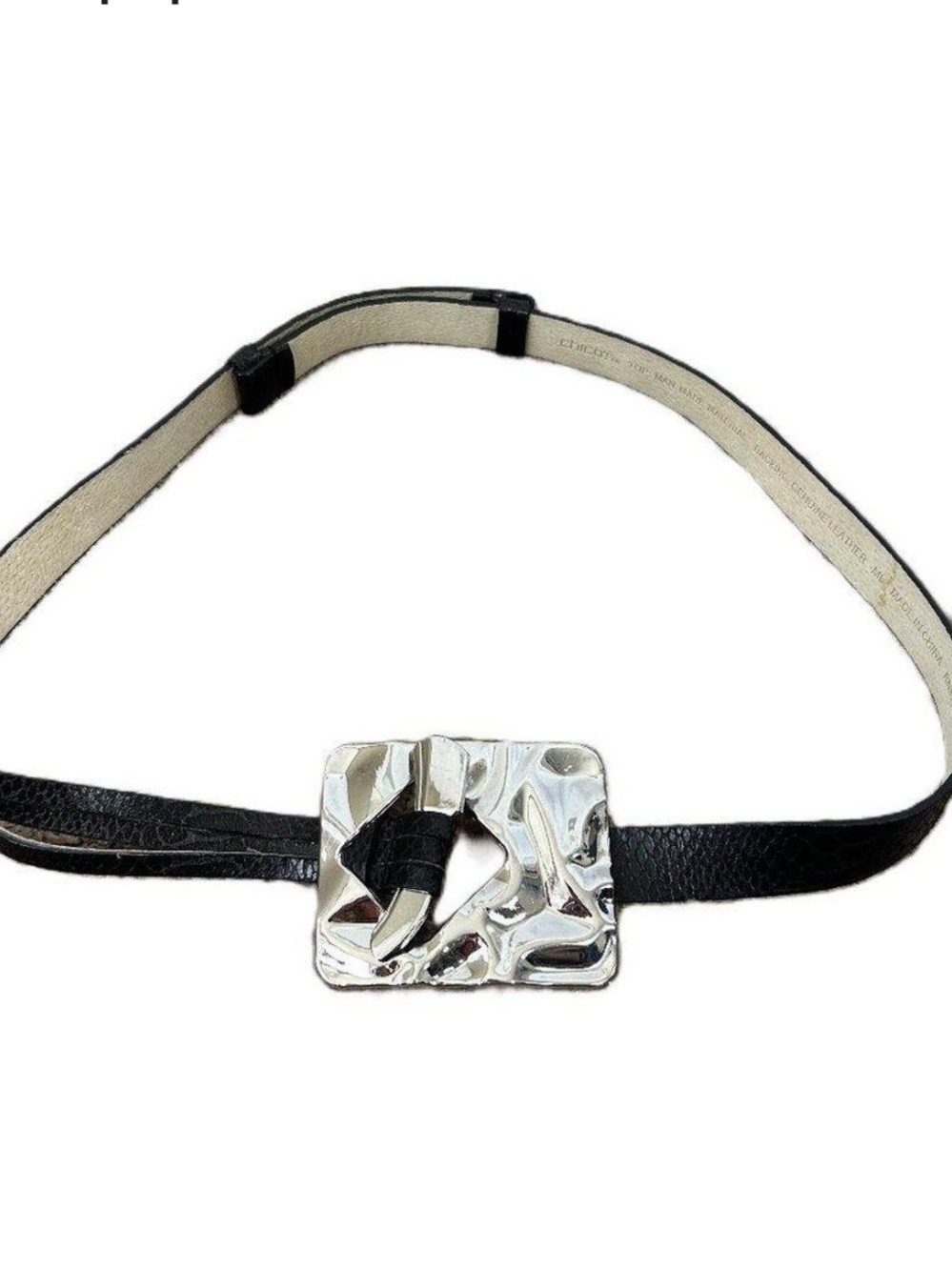 Black Leather Belt with Silver Textured Buckle - Picture 3 of 9